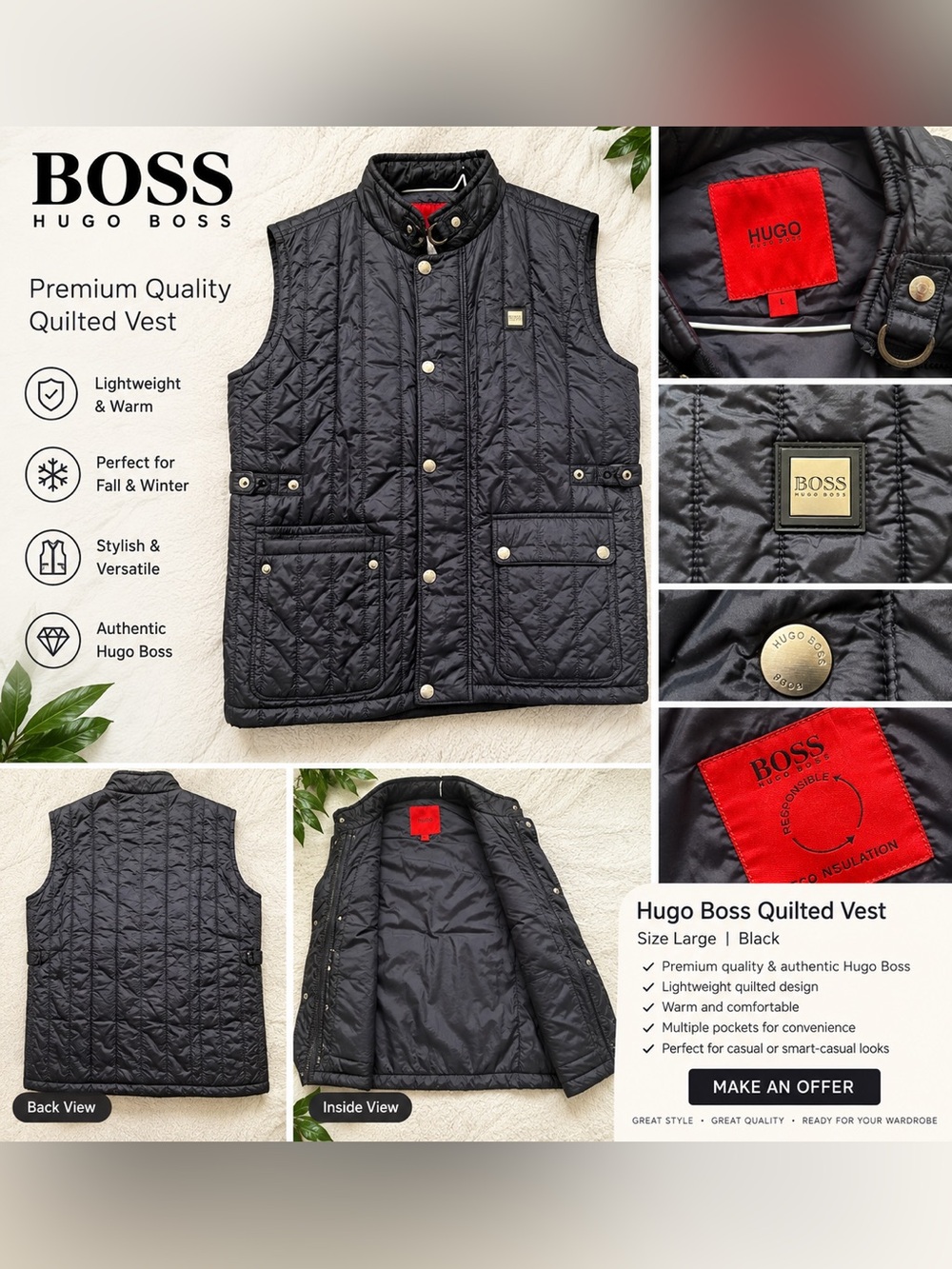 Hugo Boss Black Quilted Sleeveless Vest with Gold Accents